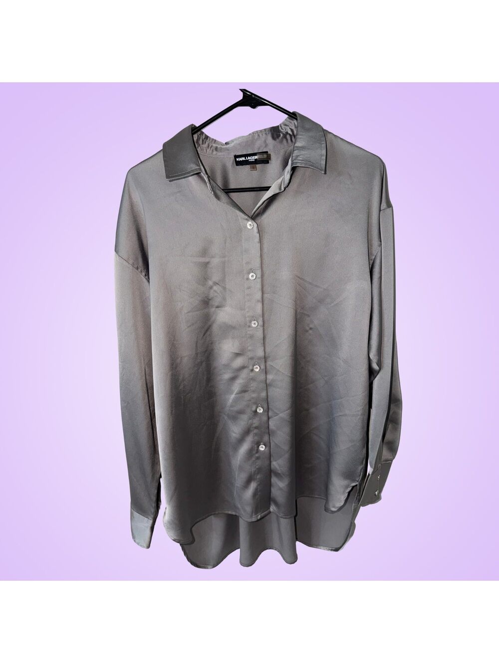 Karl Lagerfeld Paris Gray Satin Button Down Shirt Rhinestone Buttons Size L